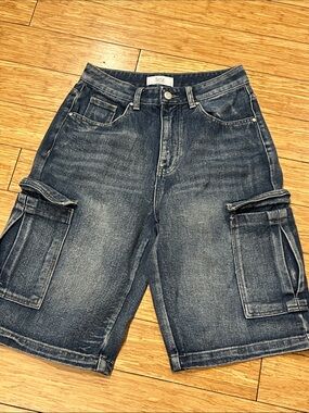 Rise Denim Oversized Baggy Cargo Shorts in Washed Blue for Women 5